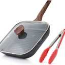 Kordisen Nonstick Grilling Pan with Lid for Stove Tops, 11 Inch Square Grill Pan for Indoor Cooking, Granite Coating Grill Skillet with Pour Spouts, Versatile Griddle, Induction Steak Pan, PFOA Free (Black)