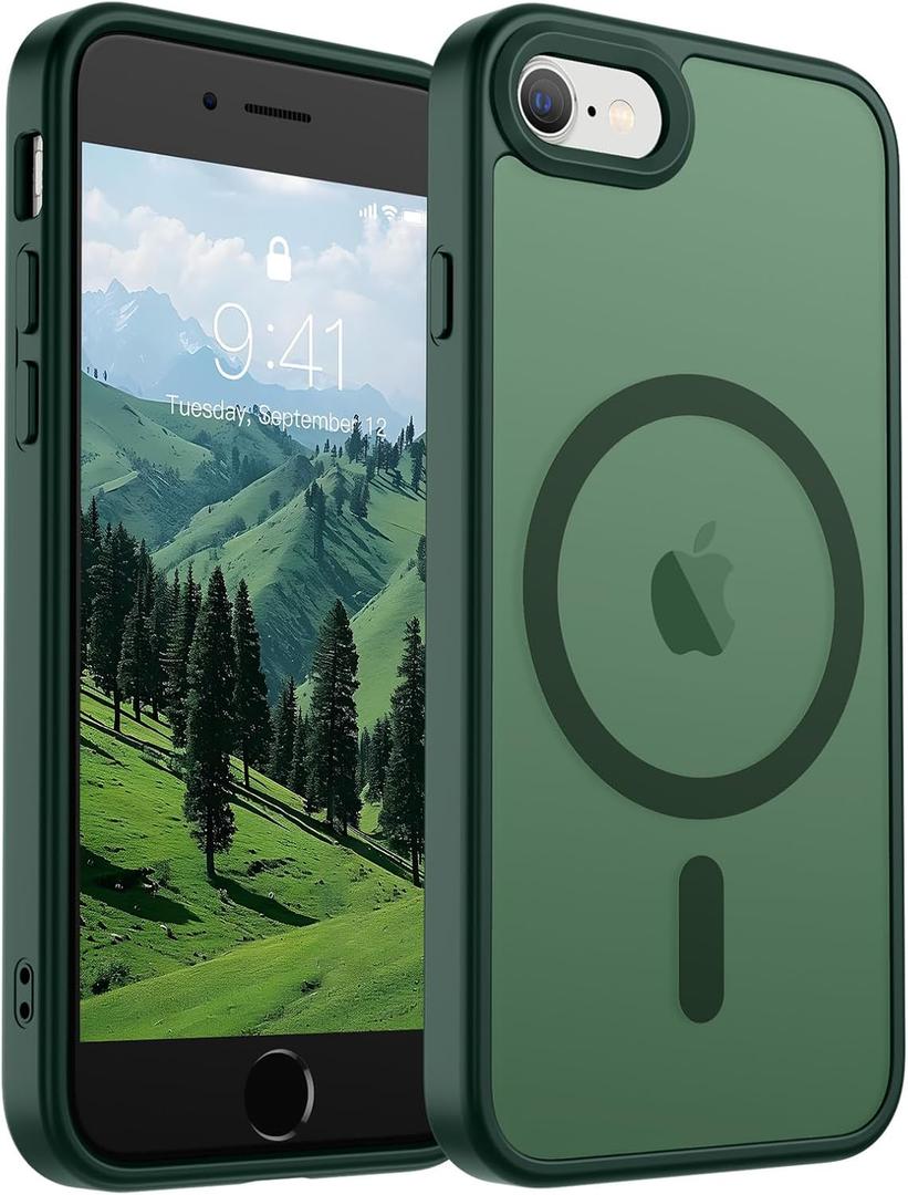 SUPFINE Magnetic for iPhone SE Case 2022 (3rd)/2020 (2nd), iPhone 8 Case (Compatible with MagSafe) (Military Grade Drop Protection) Slim Translucent Matte Phone Case, Forest Green