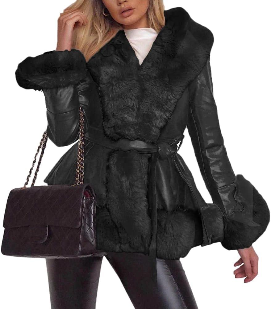 Aurgelmir Women's Faux Leather Jacket Coat Short/Long Parka Coat with Fur Collar Outwear (Medium, Black)