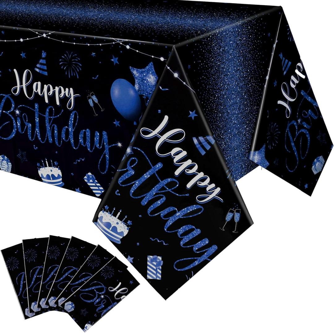 Tudomro 6 Pcs Happy Birthday Tablecloths Happy Birthday Party Decorations Plastic Table Cover Rectangular Cloths for Women Men Baby Shower Party Supplies, 108 x 54 Inch (Black Blue)