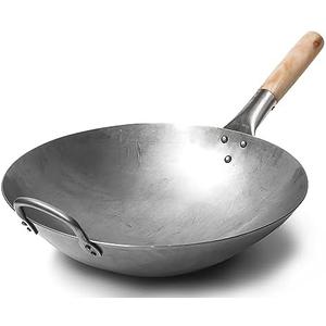 Craft Wok Traditional Hand Hammered Chinese Carbon Steel Wok with Wooden and Steel Helper Handle (14 Inch, Round Bottom Pow Wok Pan) / 731W88