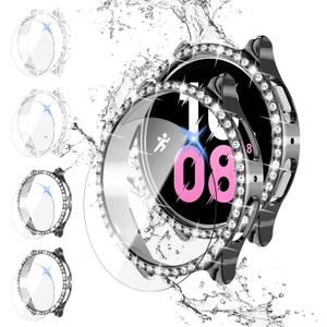 4+4 Pack Bling Diamond Case & Screen Protector for Galaxy Watch 5/4 44mm - Tempered Glass Film & Hard PC Bumper for Women