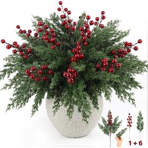 12Pcs/84Pcs Christmas Artificial Pine Branches with Red Berry Stems, 18 Faux Evergreen Christmas Tree Picks, Cedar Cypress Leaves Stems for Xmas Decorations Indoor DIY Craft Garland Home Decor
