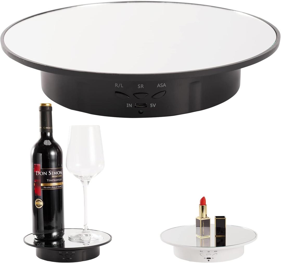 Motorized Display Stand - 7.87" Rotating Platform with Mirror Cover, USB Charging Port, 22 lbs Load Capacity, Ideal for Jewelry, 3D Model, Cake Photography