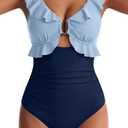 Women One Piece Swimsuit Tummy Control Ruffle Bathing Suit Cutout V Neck Swim Suit Ruched Slimming Swimwear M