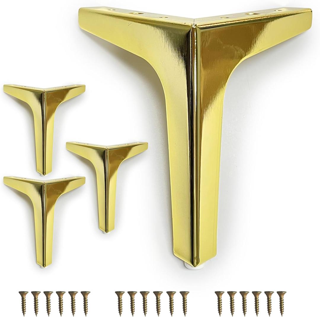 Gold Metal Furniture Legs, 7 Inch Set of 4, Heavy Duty Triangle Feet with Pads and Screws, Replacement for Sofa Cabinet Couch Chair Dresser