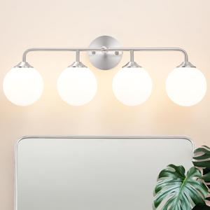 Modern 4-Lights Brushed Nickel Vanity Lights Over Mirror, Bathroom Lighting Fixtures with Milk White Globe Glass Shade, Industrial Bathroom Wall Sconce for Dressing Table Bedroom Living Room