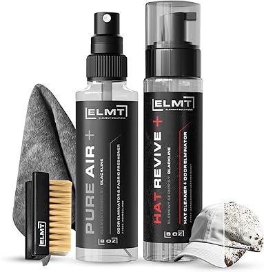 Blackline ELMT Hat Cleaning Kit — Quick-drying, US-Made, Cleans 50+ Hats — Hat Cleaner for Baseball Caps of all Materials Cotton, Wool, Leather, Felt and more (8oz Solution, Deodorizer, Towel & Brush)