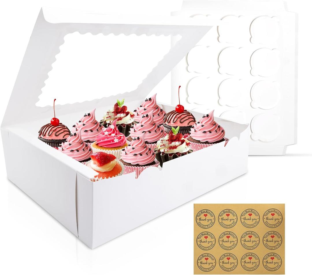 12PCS Cupcake Boxes 12 Count Cupcake Container with Window White Cupcake Holder Holding 144 Cupcakes for Birthday Holiday Party Bakery Supplies (12Pcs+Stickers Round)