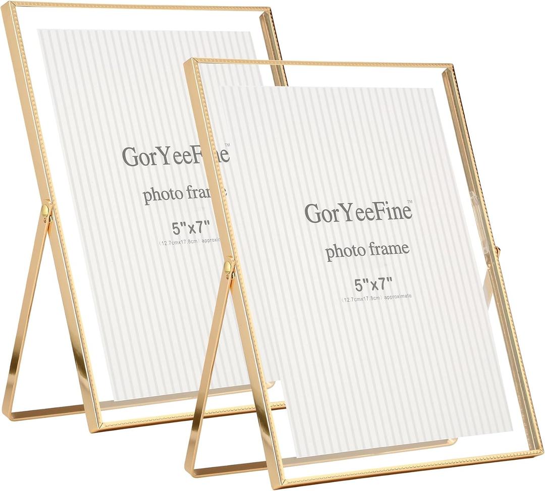 Gold 6x8''Floating Photo Frame Set of 2,For Photo Sizes (3.5x5''4x6''5x7''),Simple Metal beaded floating Picture Frames 5x7'' Gold for Tabletop/Shelf,Classy Gift Choice for Wedding,Thanksgiving