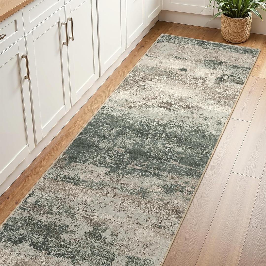 BEIMO Runner Rug for Hallway Kitchen, 2'6"x10' Machine Washable Runners Rug for Entryway, Soft Modern Abstract Throw Rugs, Low Pile Floor Cover with Non Slip Backing, Grey/Dark Green