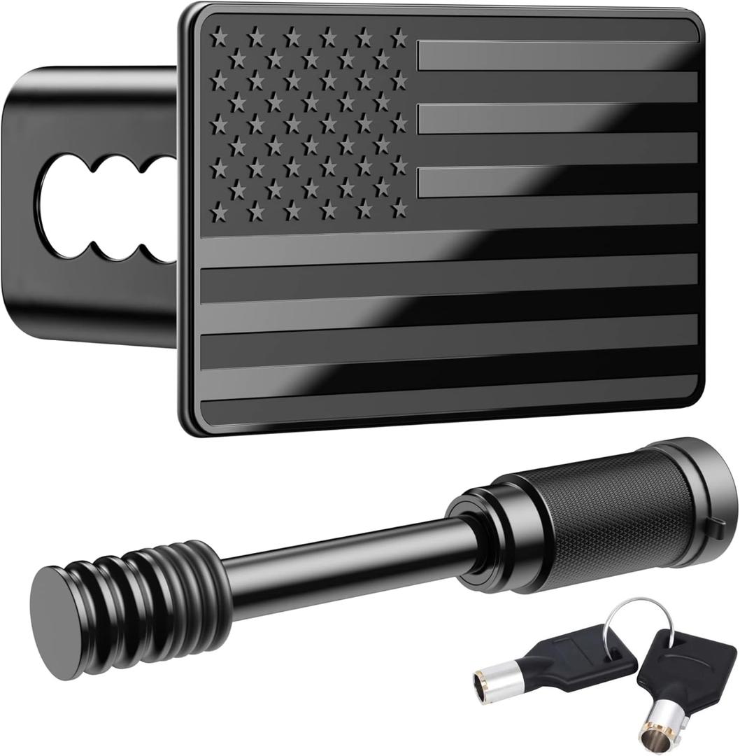 American Flag Metal Trailer Hitch Cover for 2 Inch Receivers - Tow Hitch Cover with with 5/8-Inch Pin Diameter Trailer Hitch Lock, Safeguard Your Trailer with Patriotic Flag (Black)