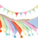 Pre-Strung Cotton Fabric Bunting Banner, 9Ft Multicolor Triangle Pennant Banner Flag, Double-Sided Bunting Garland with Tassels for Birthday, Nursery, Baby Shower, Classroom Hanging Decor