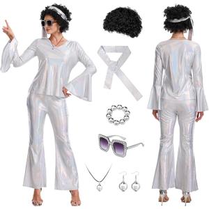 GYQMBT 9 PCS Women 70s Disco Outfits, Disco Party Hippie Costume with Accessories Set for Halloween Cosplay Party.