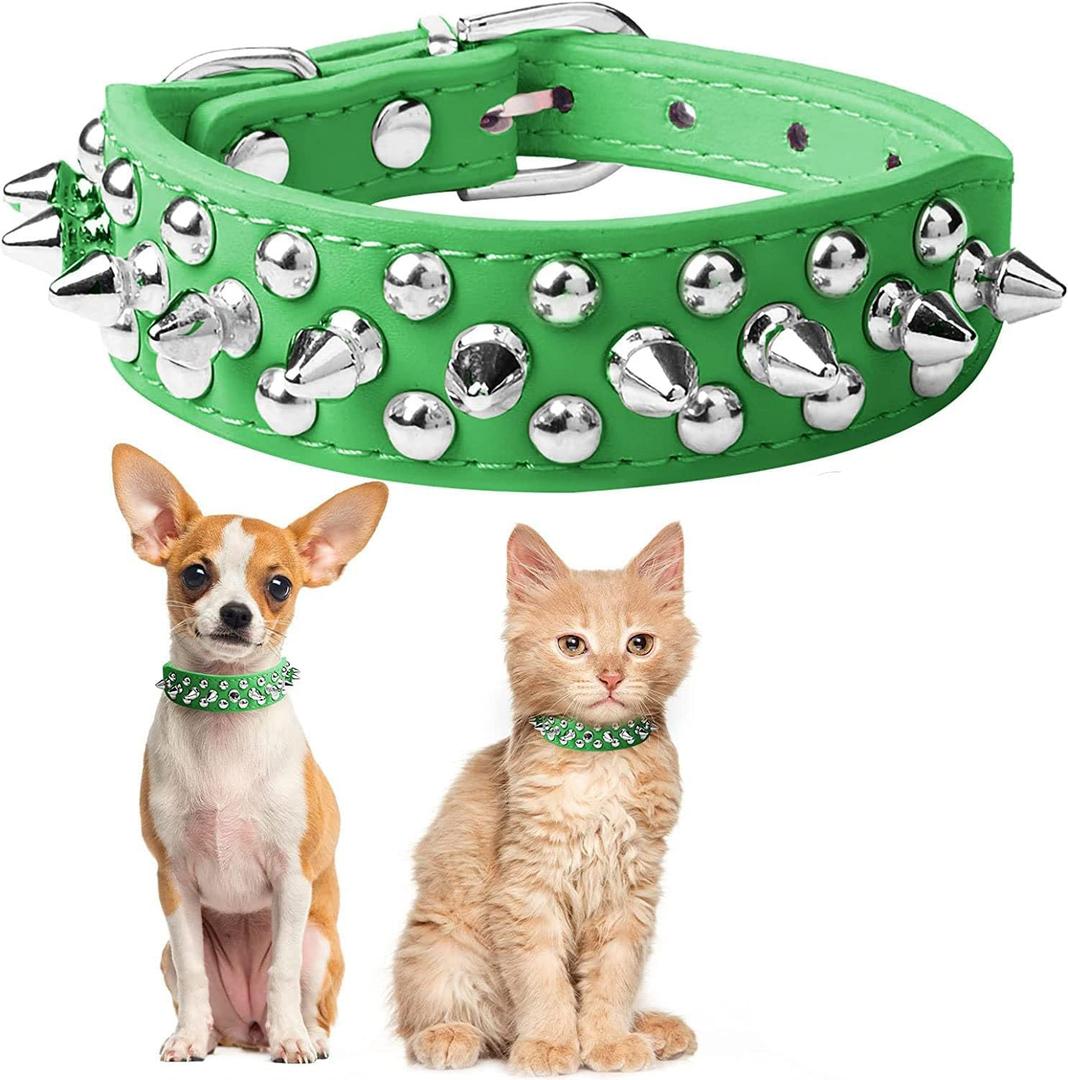 Spiked Dog Collars for Medium Dogs, Mushrooms Rivet Studded Anti-Bite Protective Pet Neck Pu Leather Spike Puppy Collars for XS Small Medium Large Boy Dogs Male Cats Goat (Green, M)