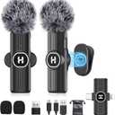 Mini Wireless Lavalier Microphone for iPhone, iPad, Android Phone - Noise Reduction Lapel USB C Bluetooth Mic for Recording, Clip on Omni Lav Mic for Video Recording, Tiktok, YouTube, Vlog (Black J25 2IN1)