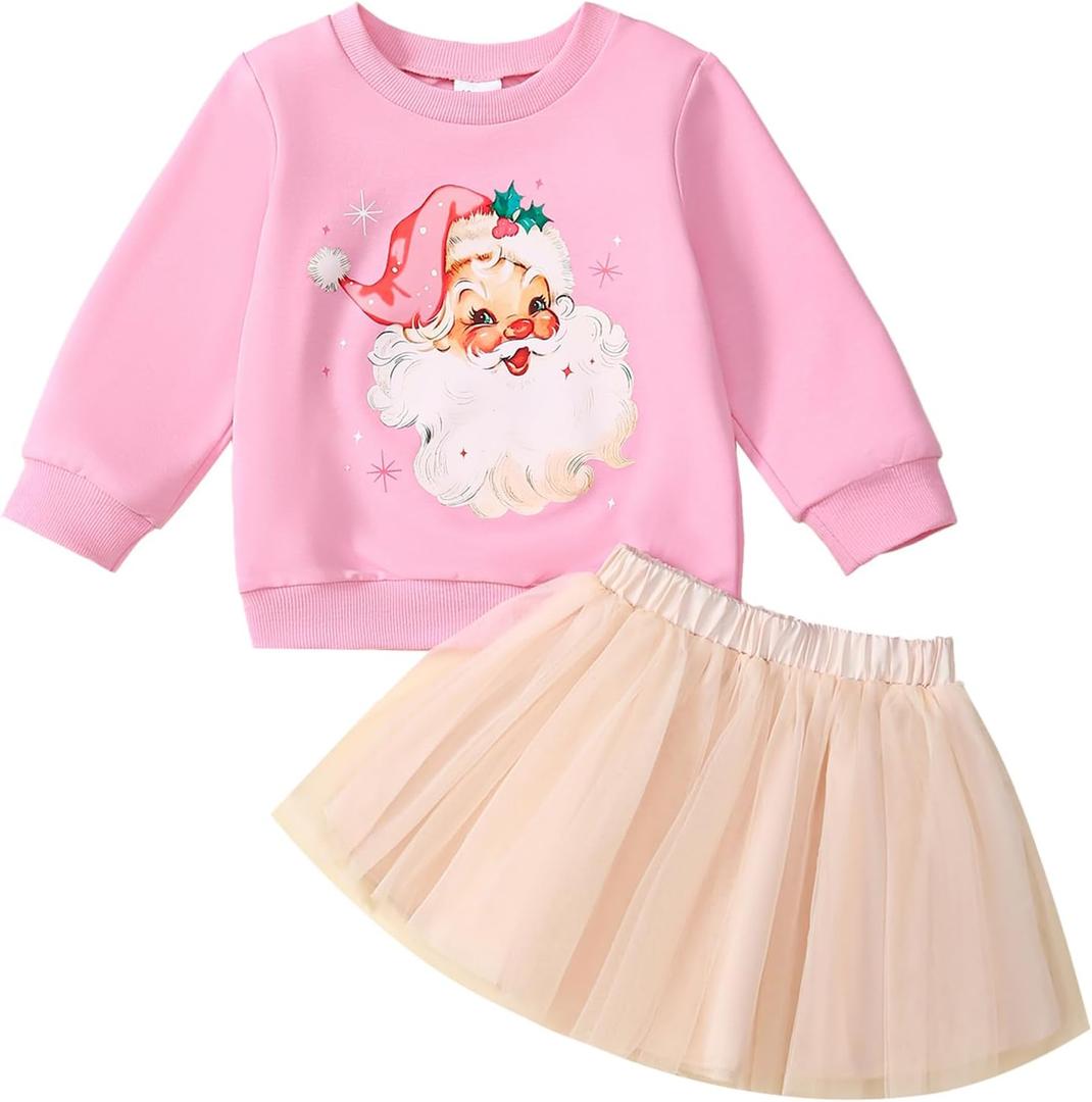 Toddler Girl Christmas Outfit Santa Claus Sweatshirt+Tutu Gauze Skirts Winter Clothes 1-7 Years (Pink)