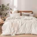 BESTOUCH Duvet Cover Set 100% Washed Cotton Linen Feel Super Soft Comfortable Chic Lightweight 3 PCs Home Bedding Set White & Almond Grey Stripes Queen (Queen (90" x 90"))