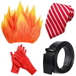 4 Pcs Halloween Angry Costume Include Flame Wig Stripe Tie Gloves and Belt for Men Women Dress up