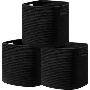 UBBCARE Set of 3 Cotton Rope Basket 13 X 13 X 13 Inches, Woven Storage Baskets for Shelves, Organizing with Handles, Cube Storage Bins for Storage Books, Magazines, Black