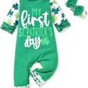 Baby Girl Romper Outfit Newborn Ruffle Button One-Piece Jumpsuit Playsuit With Headband (Green)