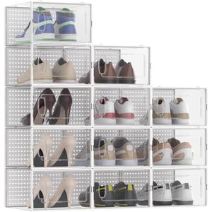12 Pack Large Modular Clear Plastic Stackable Shoe Storage Organizer for Closet, Space Saving Versatile Sneaker Shoe Rack Containers Bins Holders, Portable Closet Organizers and Storage, White