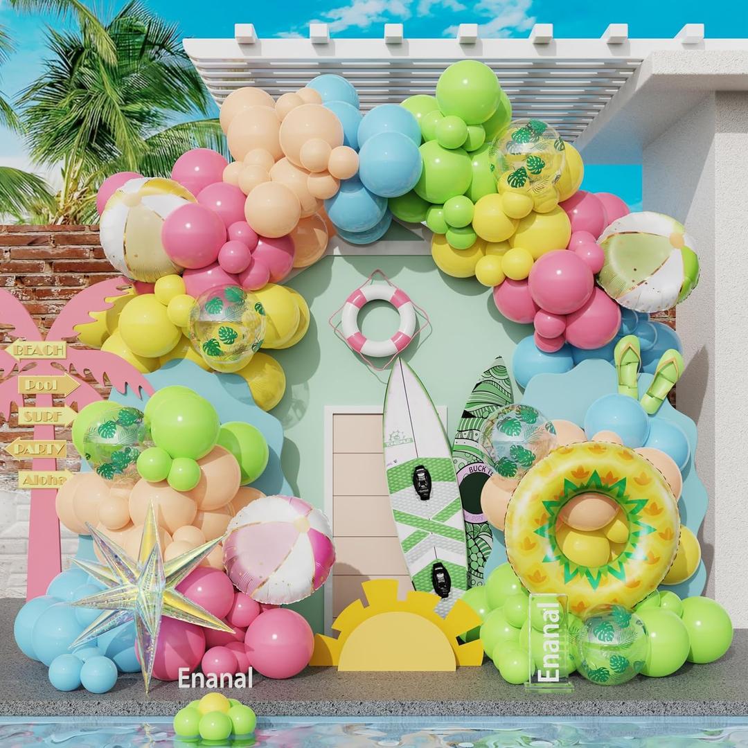 Summer Pool Party Decorations, Tropical 162pcs Pastel Colorful Balloons with Beach Ball Swimming Ring Foil Balloon for Splish Splash Birthday Hawaiian Luau Baby Shower Swimming Water Party Supplies, 5-28 Inches