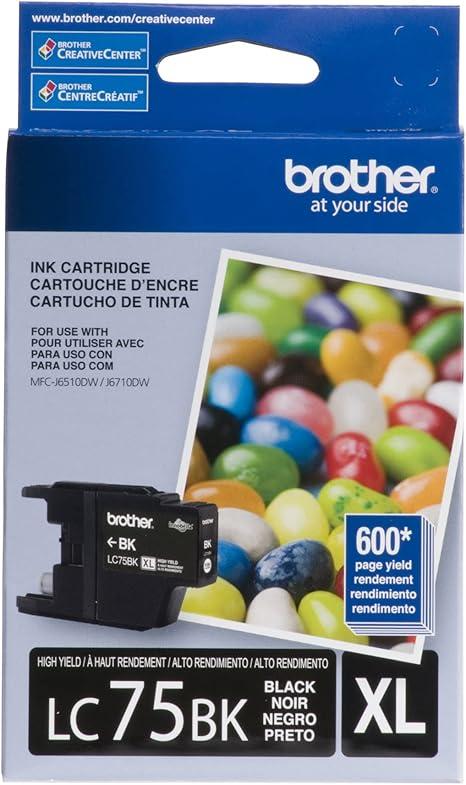 Brother Genuine High Yield Black Ink Cartridge, LC75BK, Replacement Black Ink, Page Yield Up to 600 Pages, LC75