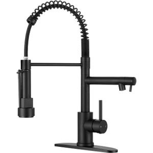 Kitchen Faucets with Pull Down Sprayer, Single Handle Double Headed, Stainless Steel Commercial Kitchen Sink Faucet with Deck Plate Cover, 1 or 3 Hole, Matte Black