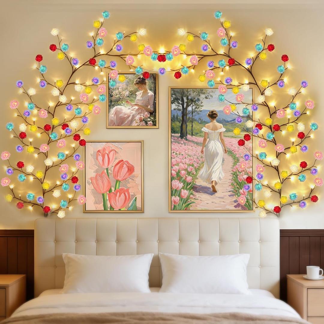 FNHMSL Macaroon Rose Blossom Enchanted Willow Vine Lights, 7.55FT 144LED 6 Color Blossom Tree Branch Lights for Wall, Remote Timer,8 Light Model,Bedroom Wall Doors Wedding, Christmas, USB Battery Box