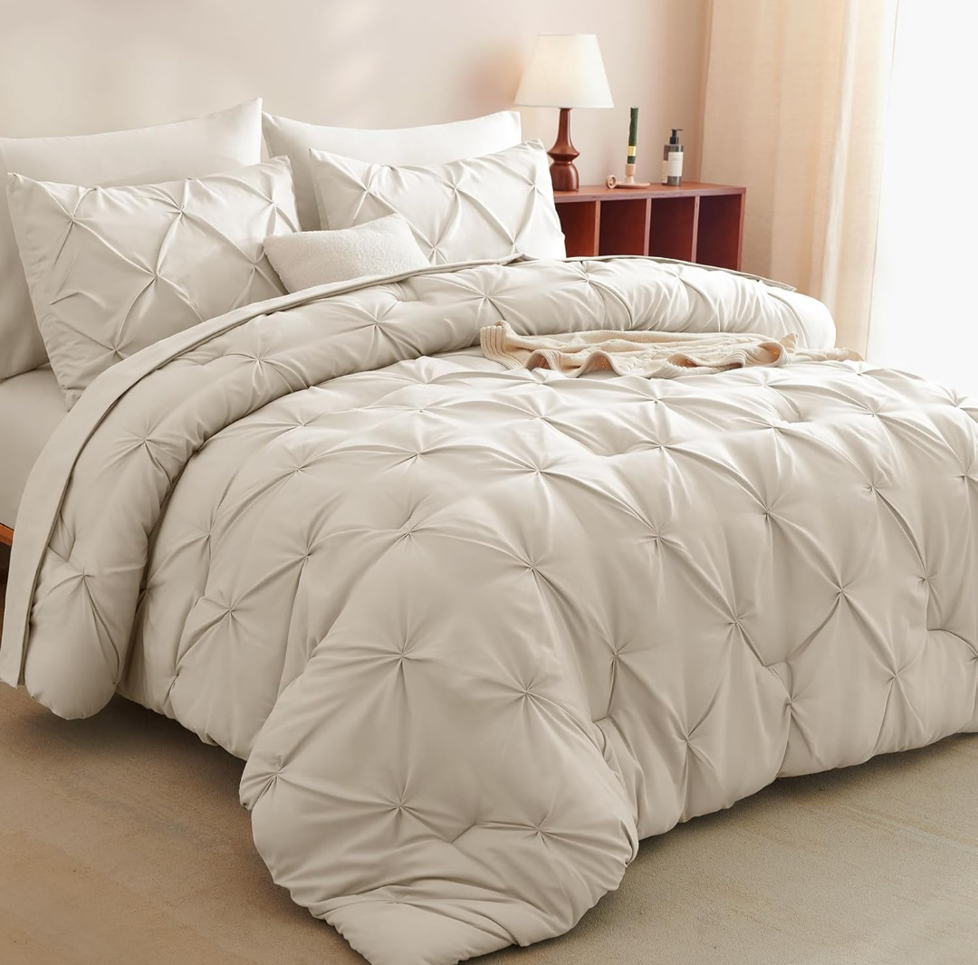 CozyLux King Size Comforter Set Beige, 7 Pieces Bed in A Bag Cream Off White Comforter King Size, Pinch Pleat Bedding Set with All Season Comforter, Flat Sheet, Fitted Sheet, Pillowcases & Shams