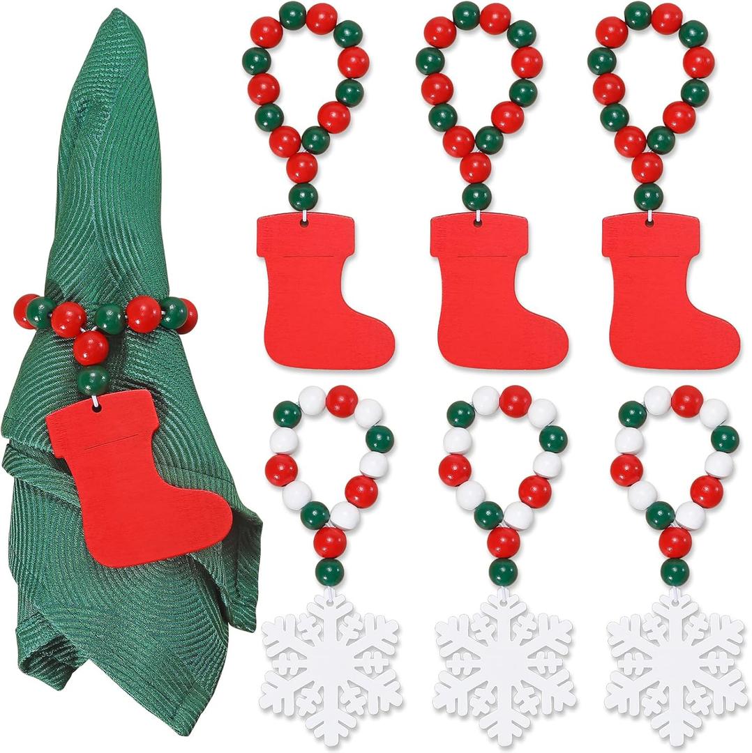 KPOSIYA Christmas Napkin Rings Set of 6, Snowflake Socks Napkin Rings for Table Decor, Wooden Napkin Holder Buckle for Christmas,Winter Holiday, Home Party, Wedding Supplies