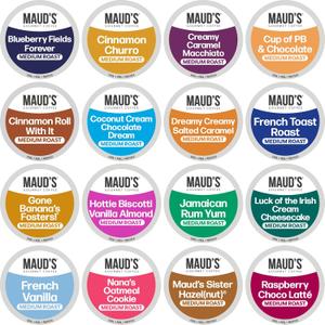 Maud's Super Flavored Coffee Pods Variety Pack, 80 ct, 16 Assorted Flavors, Medium Roast Flavored Coffee in Recyclable Single Serve Pods  100% Arabica Beans, Compatible with Keurig K Cups Maker, BB Date: 01/18/2026