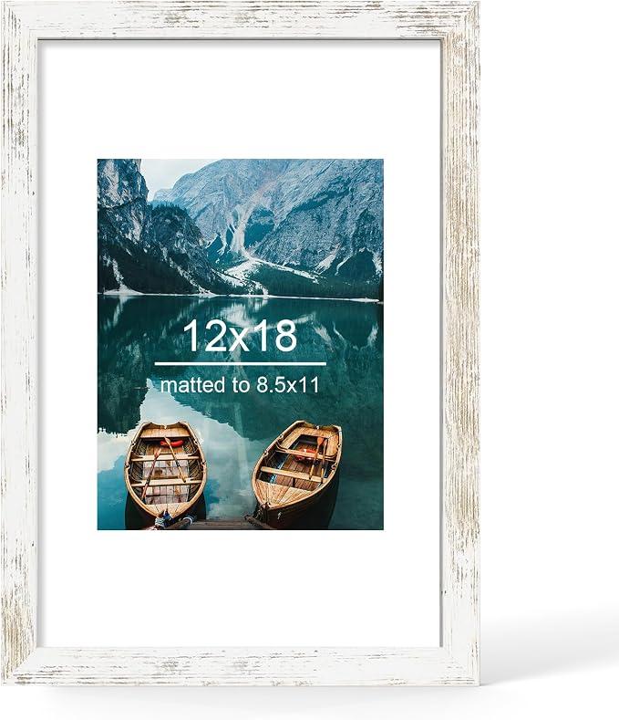 Hongkee 12x18 Picture Frame, Distressed White Wood Style, Wall Mounting Display Certificate 8.5 x 11 with Mat or 12 x 18 No Mat, 1 Pack for Photos, Artwork; Fits Home, Office & Gallery Wall Decor, Distressed White