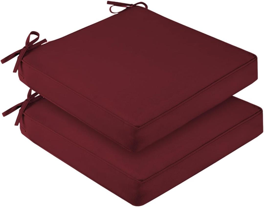 downluxe Waterproof Outdoor Chair Cushions for Patio Furniture, 22" x 22" x 3" Patio Chair Cushion with Adjustable Ties & Portable Handle, Square Outdoor Cushion with Removable Cover, Burgundy, 2 Pack