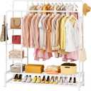 JOISCOPE 47'' * 67'' Heavy Duty Clothes Rack, Double Rods Clothing Racks for Hanging Clothes, Garment Rack with 5 Tier Closet Shelves & 4 Hooks for Clothing Storage, Metal White Clothing Rack