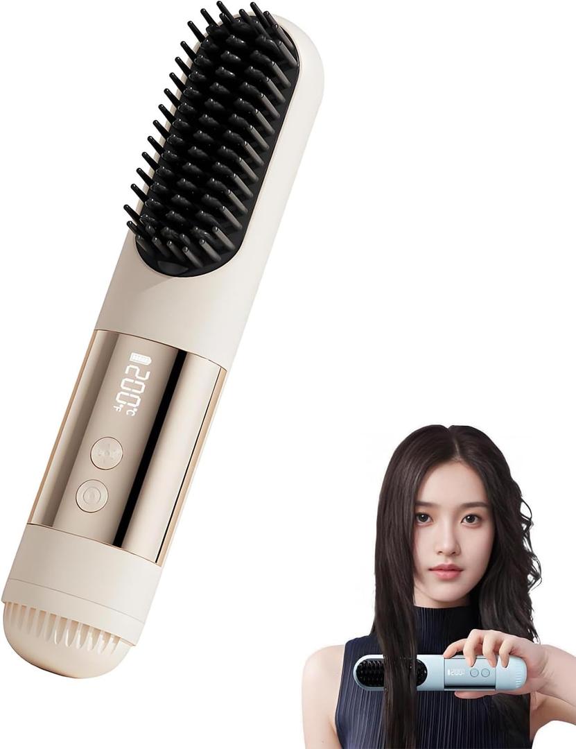 2026 Upgraded Go Brush Pro for Short Hair, 3 Heat Settings for All Hair Types, 30s Fast Heat, Ionic & Ceramic Care, Cold Air Mode, 2500mAh USB-C Rechargeable Straightening Brush (Beige)