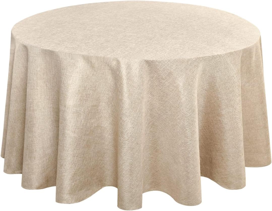 Hiasan Round Linen Tablecloth 120 Inch - Wrinkle and Stain Resistant Washable Polyester Fabric Table Cloth for Dining Room Kitchen Party, Beige
