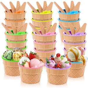 24 Pcs Ice Cream Bowls, Plastic Cartoon Ice Cream Cups and Spoons Set Reusable Cute Candy Color Dessert Frozen Yogurt Bowl Container Party Favors Sundae Birthday Decorations Summer Holiday Supplies