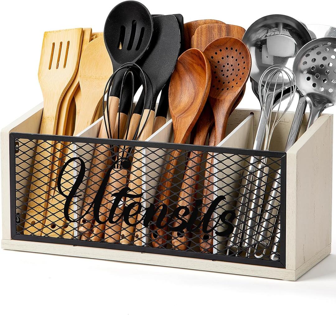 Extra Large Kitchen Utensil Holder with 4 Compartments, Wooden Cooking Utensil Holder for Counter, Farmhouse Utensil Organizer for Countertop, Spatula Holder, Rustic Kitchen Decor, White