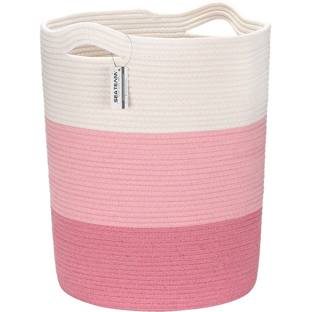 Sea Team Large Size Cotton Rope Woven Storage Basket with Handles, Laundry Hamper, Fabric Bucket, Drum, Clothes Toys Organizer for Kid's Room, 20 x 14 inches, Round Open Design, White & Pink