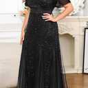 Plus Size Formal Dress - Evening Gowns Wedding Guest Mother of The Bride Sequin Lace Mermaid Tulle Hem Prom Long Dress (Black, XL)
