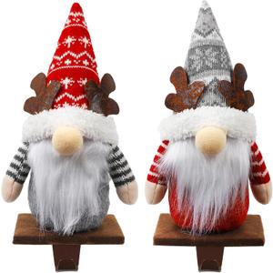 2 Pack Christmas Gnome Stocking Holders, 11 Inches Plush Elk Gnomes Figurines Hanging Hooks for Stockings, Metal Stocking Hangers for Fireplace, Mantle, Shelves Christmas Decorations