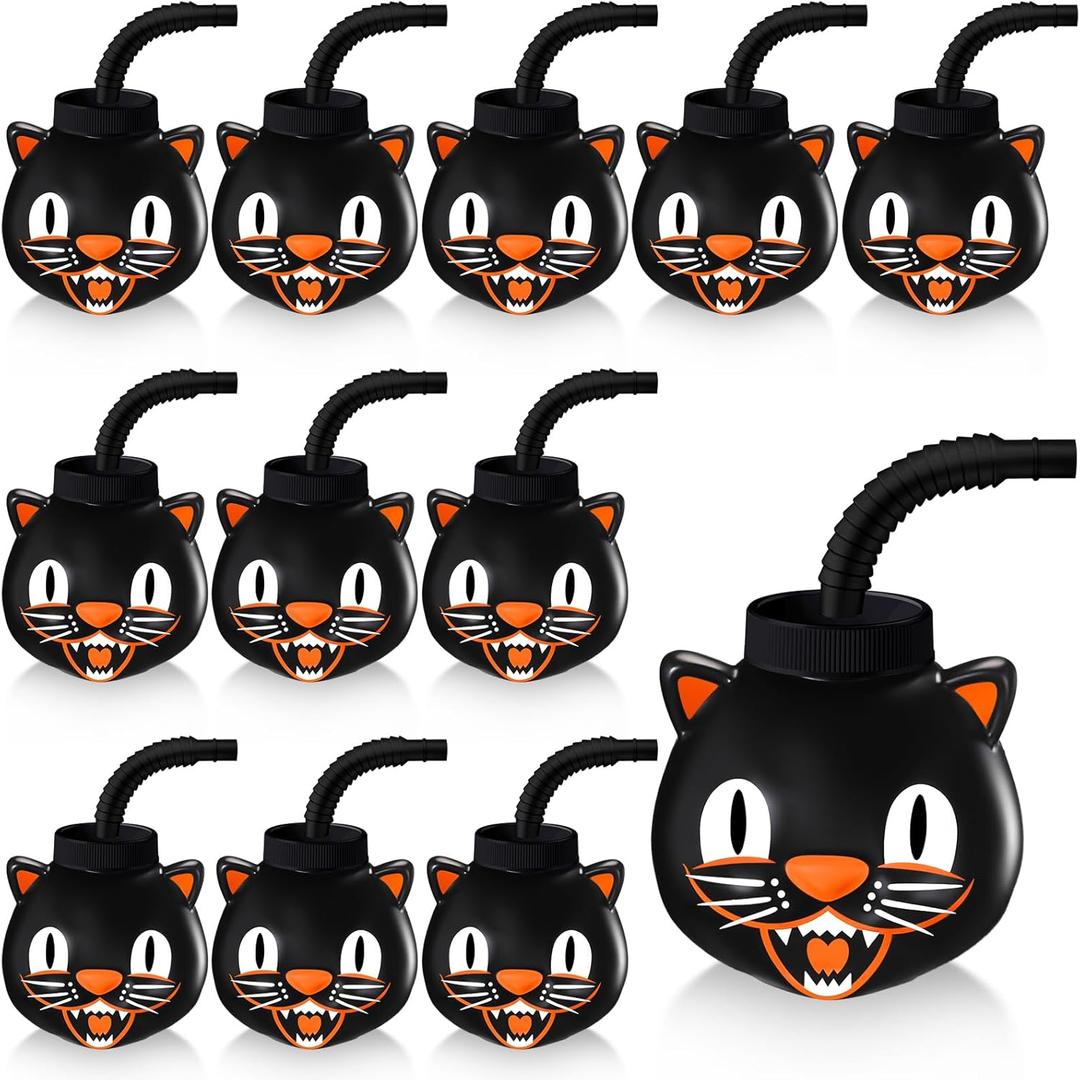 Umigy Halloween Cup for Kids 10 oz Reusable Plastic Cups Bulk Black Cat Shaped Cup with Lid and Straw for Gift Halloween Themed Party Favor Supplies(12 Pcs)