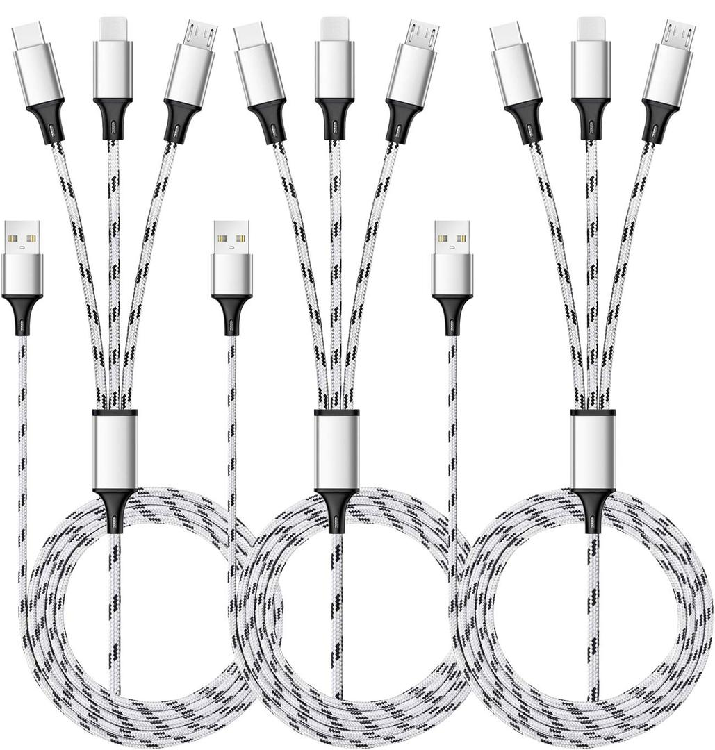 Multi Charging Cable, 5ft 3Pack Multi Charger Cable Nylon Braided Multiple USB Universal 3 in 1 Charging Cord Adapter with Type-C, Micro USB Port Connectors for Cell Phones and More