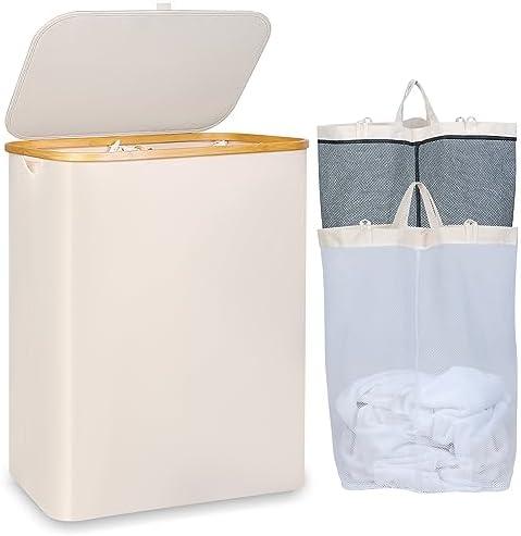 iEGrow 150L Laundry Basket with Lid, Large Laundry Hamper with Bamboo Handle, Collapsible Dirty Clothes Hamper Organizer with Removable Inner Bag for Clothes Toys Towels - Beige