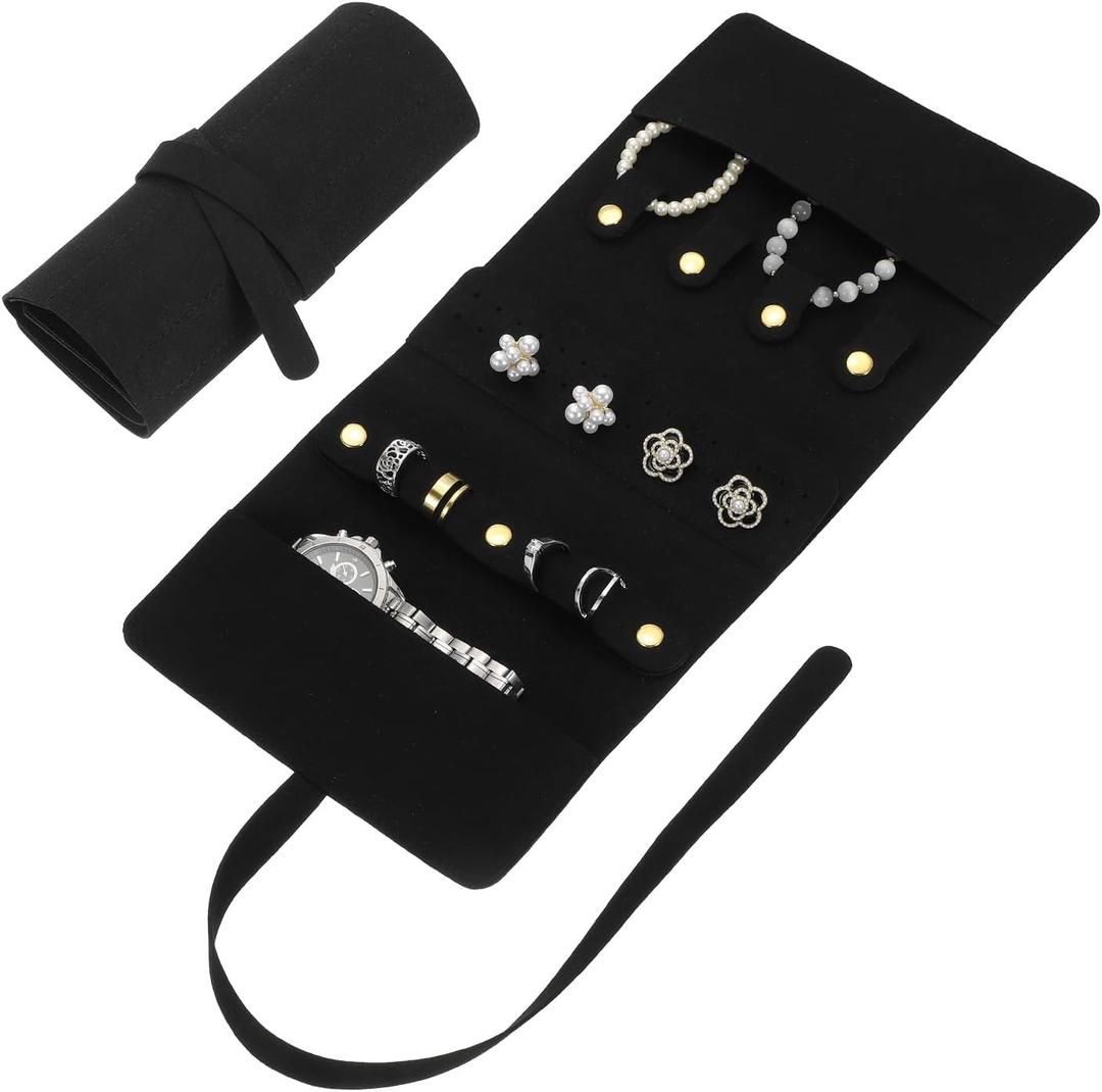 uxcell Travel Jewelry Bag Roll, Foldable Jewelry Travel Organizer with Tie Close Microfiber Jewelry Storage Roll Jewelry Case for Women Gift Necklaces Earrings Rings Bracelets, Black