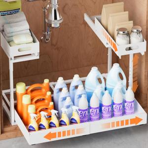 Upgrade 1 Pack Expandable Under Sink Organizers and Storage, 2 Tier Metal Pull Out Cabinet Organizer with 3 Slide Rails, Adjustable Height Slide Out Under Sink Drawers for Kitchen Bathroom Pantry, 1 Pack 15-25