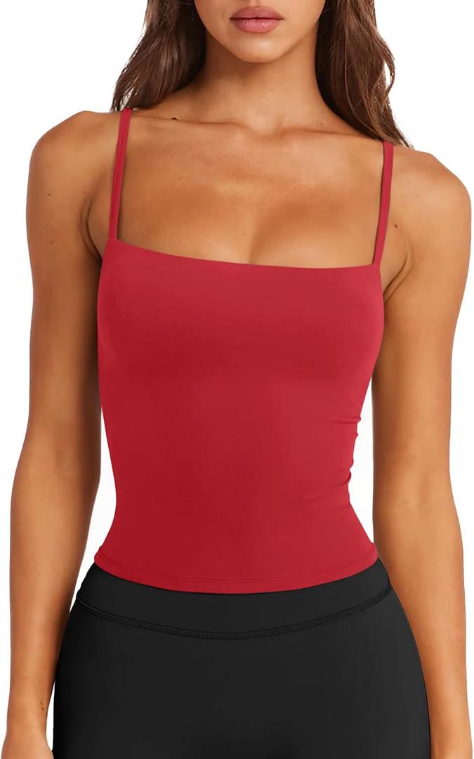 LASLULU Sports Bras for Women Square Neck Padded Adjustable Spaghetti Strap Backless Sleeveless Workout Long Tank Tops (Red, L)