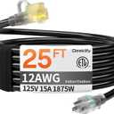 12AWG 25 FT Heavy Duty Outdoor Extension Cord Waterproof with Lighted End,Black 12 Gauge Extension Cord Flexible and Cold Resistant 3 Prong Grounded Plug,15Amp 1875W SJTW ETL Listed